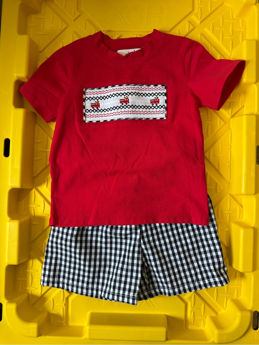Red Firetruck Smocked Embroidery Set with Gingham Shorts